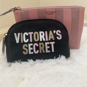 )Victoria's Secret Black and Pink Striped Cosmetic Bag Duo
